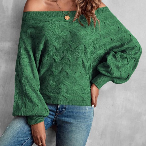 New Off Shoulder Batwing Sleeve Textured Sweater Green - Picture 7 of 7